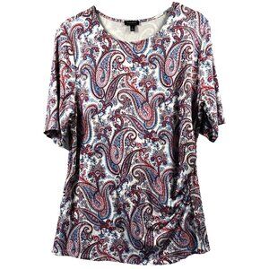Talbots Womens Top Size Large Paisley Red White Blue Ruched Short Sleeve Stretch